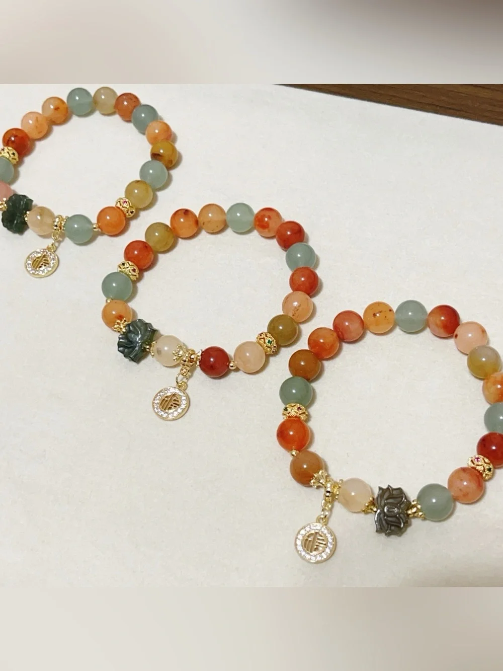 Handmade GoldenSilk Jade Bracelet ｜ Green Jade Lotus Charm & Lucky Fu福Dangle